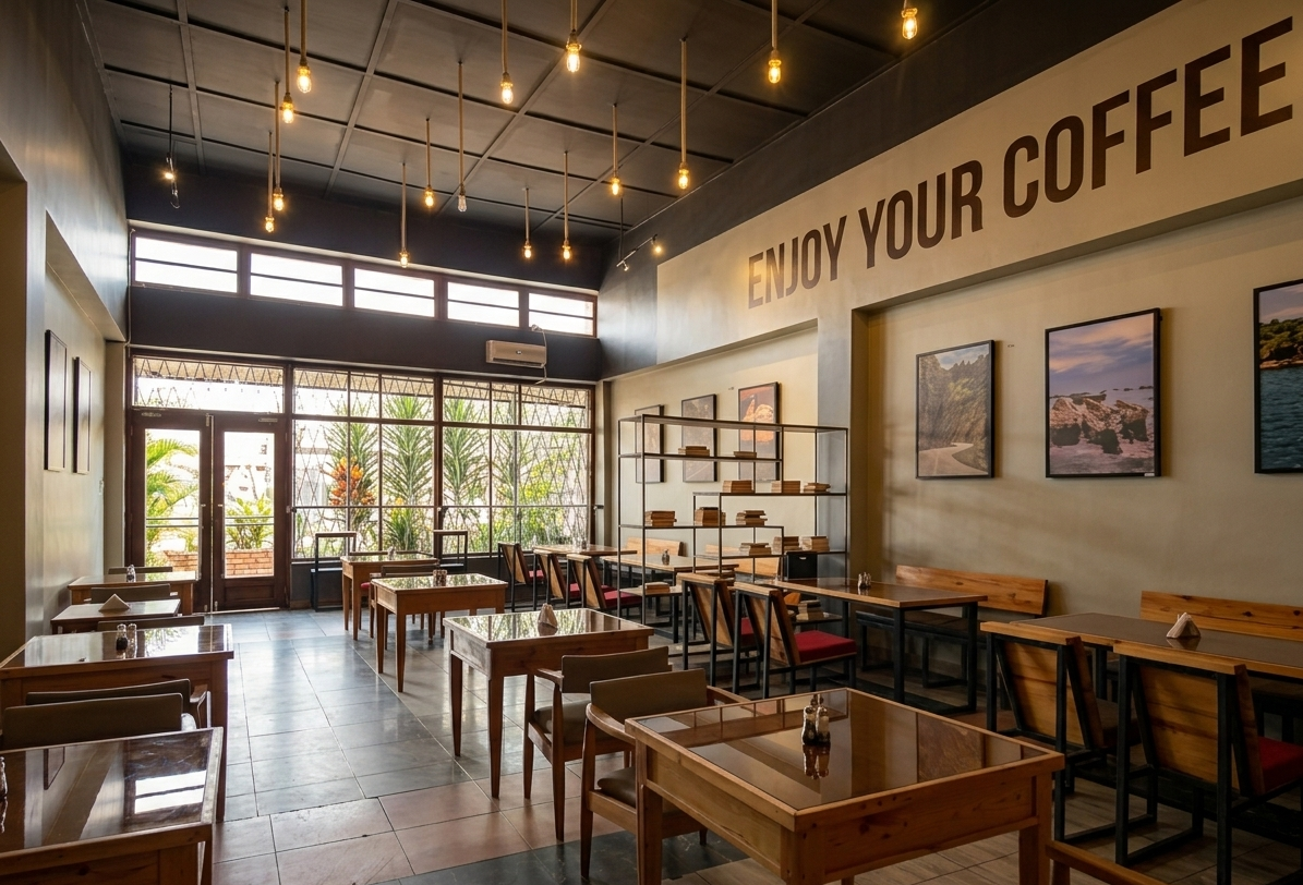 Bahizi Café interior with warm lighting and wooden tables